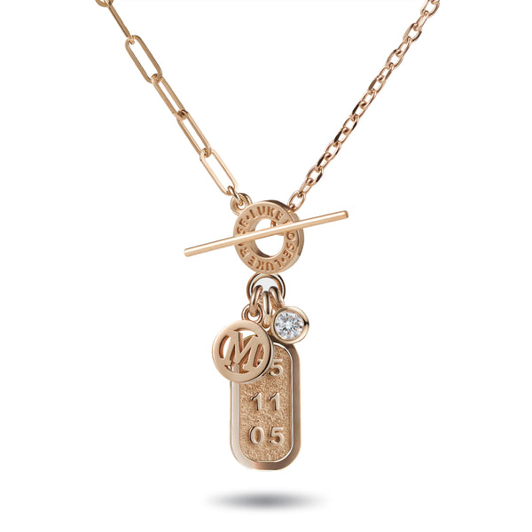 Big Diamond Drop Date Bar and Initial Disc Asymmetric T Bar Necklace in Rose Gold