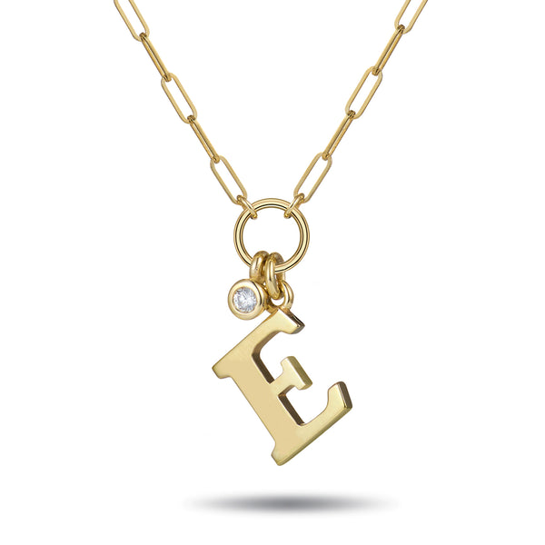 Baby Diamond Drop Initial Paperclip Necklace in Yellow Gold