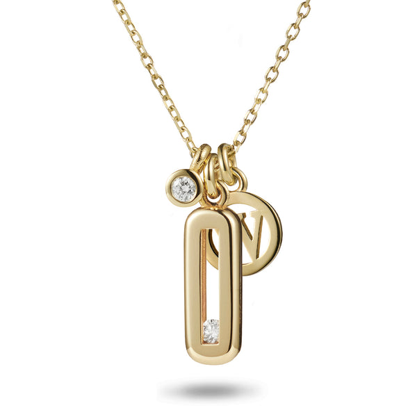 Sliding Diamond Necklace with Diamond Drop and Initial Disc in Yellow Gold