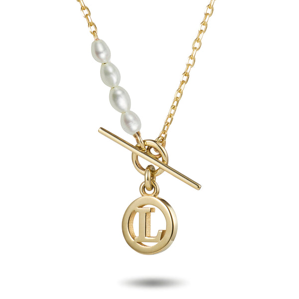 Freshwater Pearl Baby T Bar Initial Disc Necklace in Yellow Gold