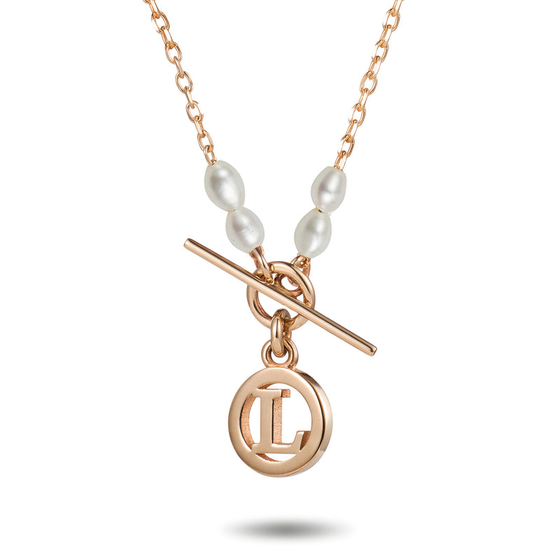 Freshwater Pearl Baby T Bar Initial Disc Necklace in Rose Gold