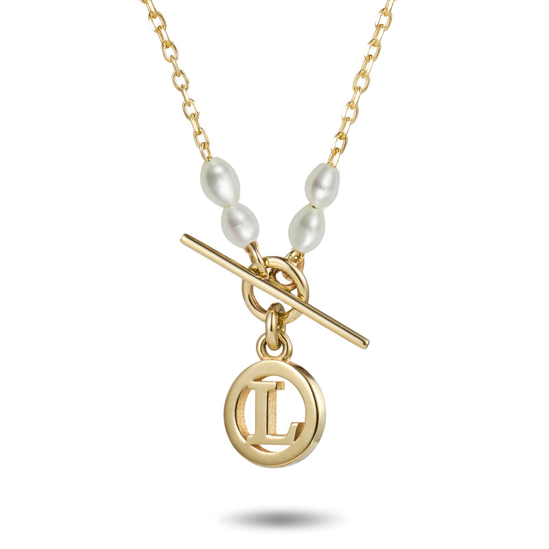 Freshwater Pearl Baby T Bar Initial Disc Necklace in Yellow Gold