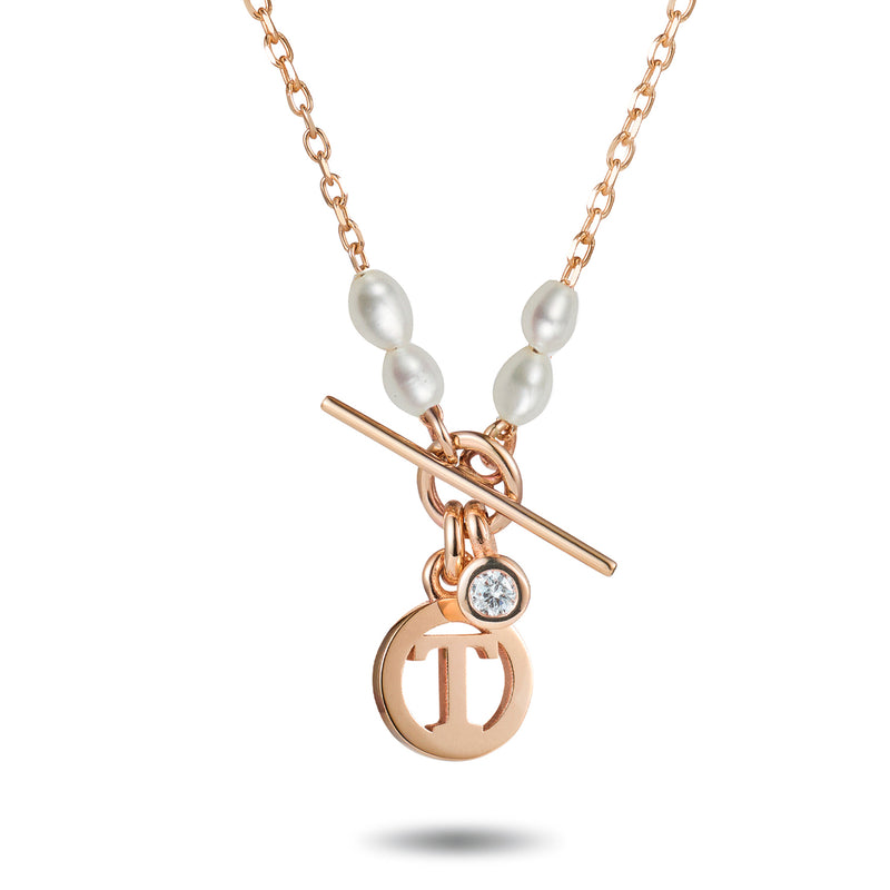 Freshwater Pearl Diamond Drop Baby T Bar Initial Disc Necklace in Rose Gold