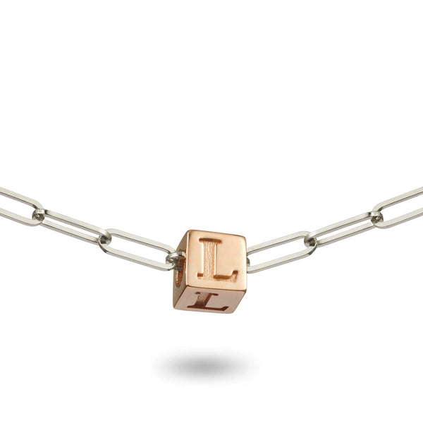 1 Cube BOLD Initial Necklace in Sterling Silver and Rose Gold