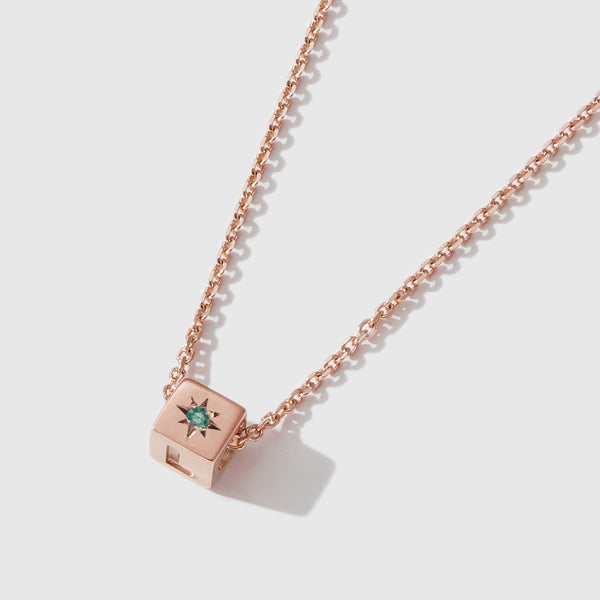 1 Cube Initial Necklace with Birthstone in Rose Gold