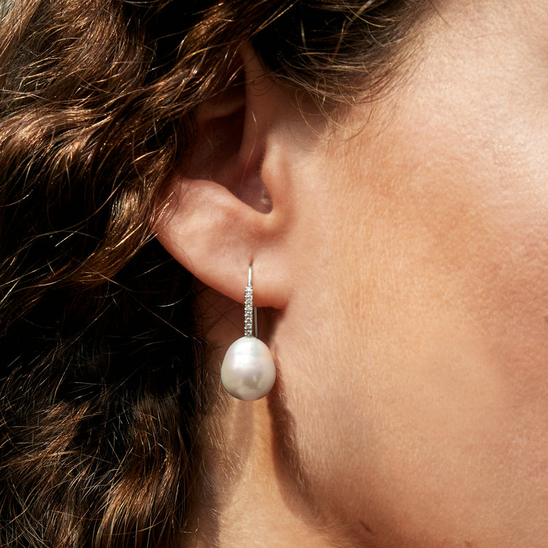 Diamond Baroque Pearl Earrings in White Gold
