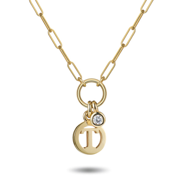 Diamond Drop Initial Disc Paperclip Necklace in Yellow Gold