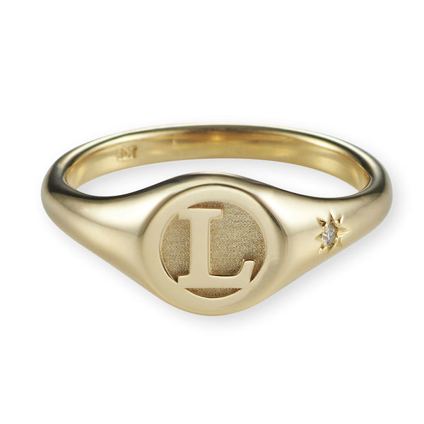 Diamond Initial Disc Signet Ring in Yellow Gold