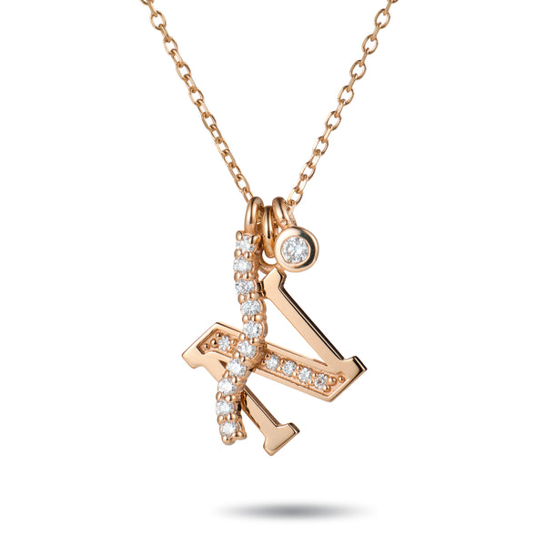 Double Diamond Initial Wave Necklace in Rose Gold