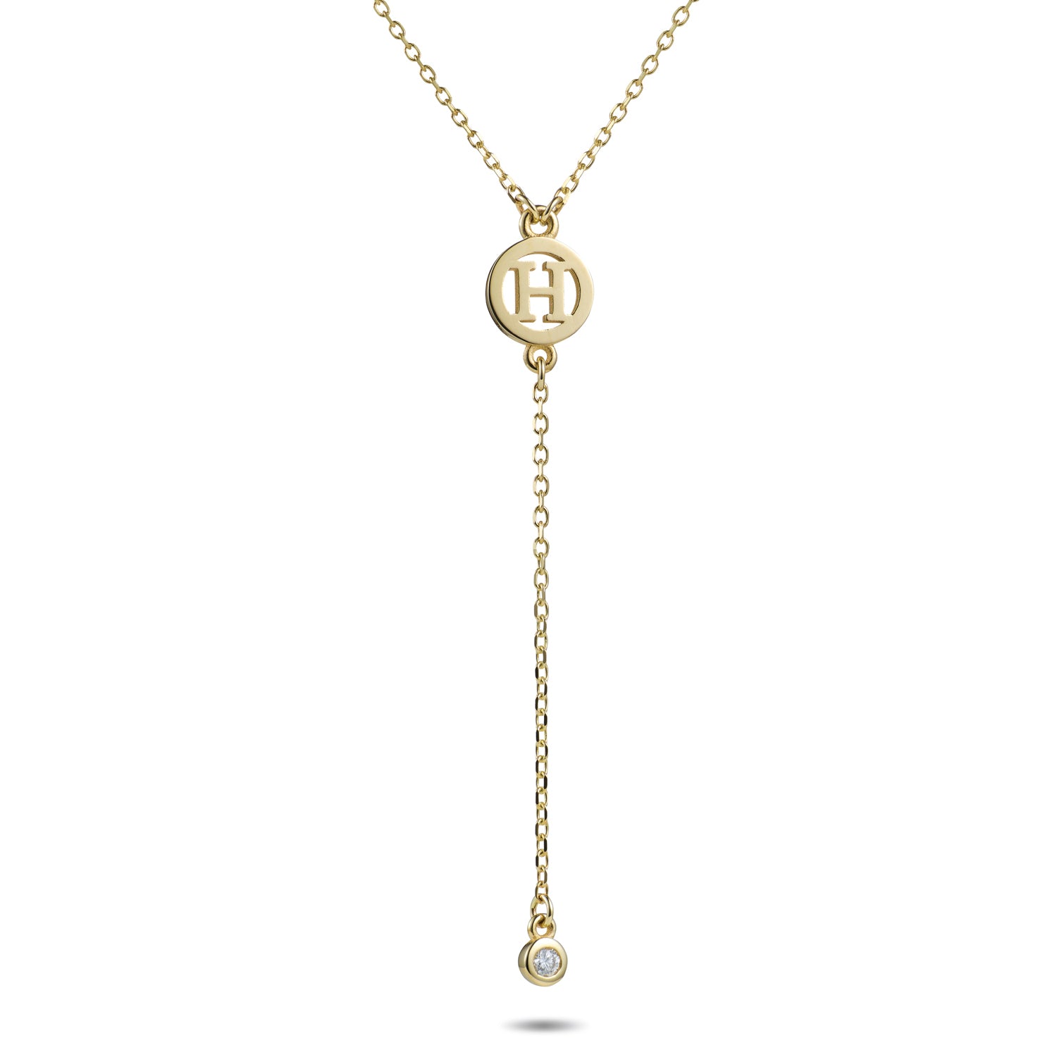 Diamond Drop Initial Disc Lariat Necklace in Yellow Gold Luke Rose