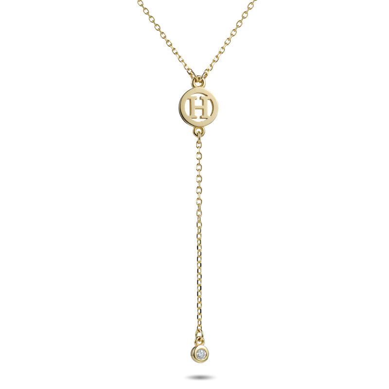 Diamond Drop Initial Disc Lariat Necklace in Yellow Gold