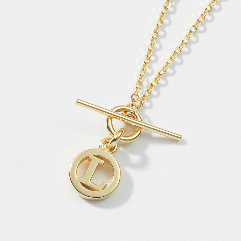 Baby T Bar Initial Disc Necklace in Yellow Gold
