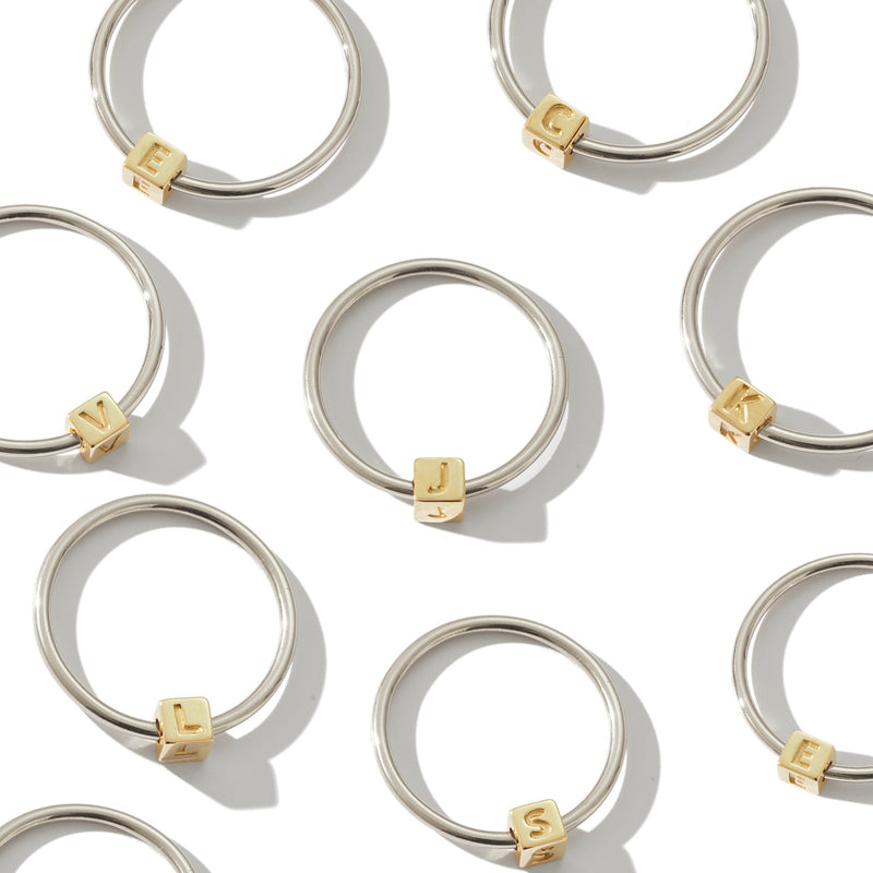 Cube Initial Ring in Sterling Silver and Yellow Gold