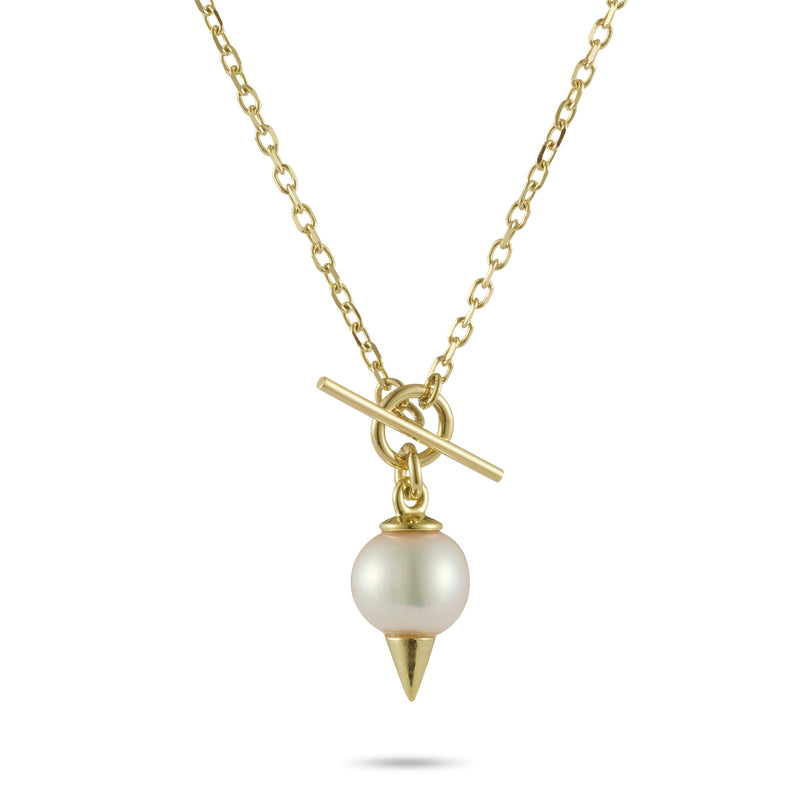 Spiked Pearl Baby T Bar Necklace in Yellow Gold