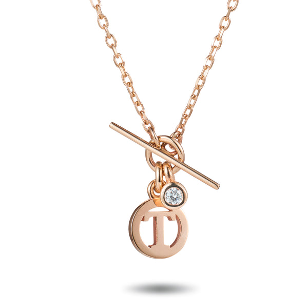 Diamond Drop Baby T Bar Initial Disc Necklace in Rose Gold