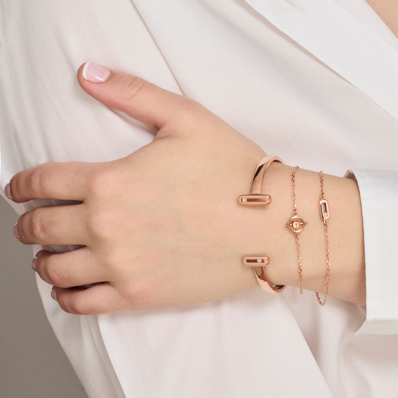 Sliding Diamond Open Cuff Bangle in Solid Rose Gold