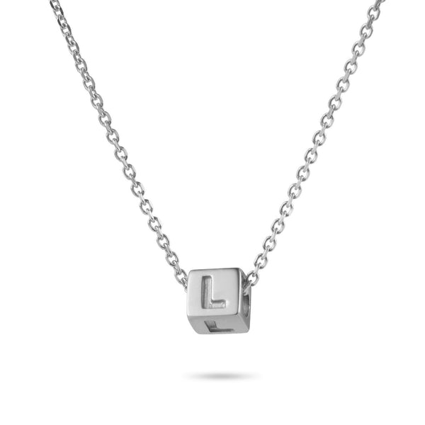 1 Cube Initial Necklace in White Gold