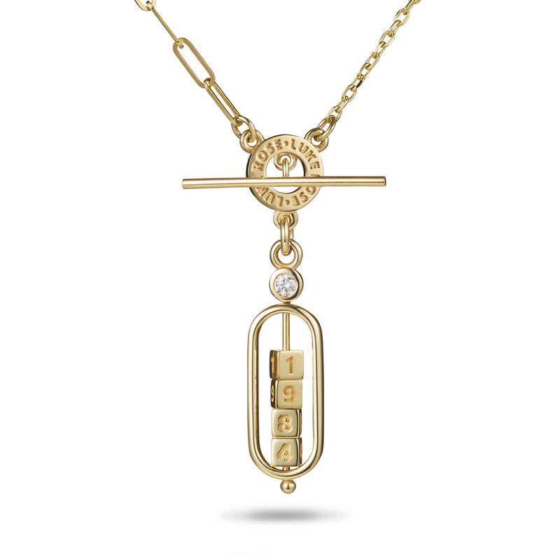 The Asymmetrical 4 Cube Diamond Date Abacus Imitation T Bar Necklace in Yellow Gold
