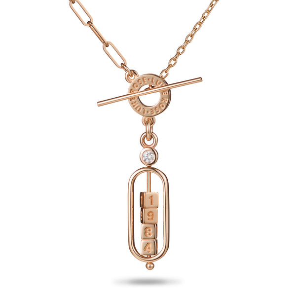 The Asymmetrical 4 Cube Diamond Date Abacus T Bar Necklace in Rose Gold