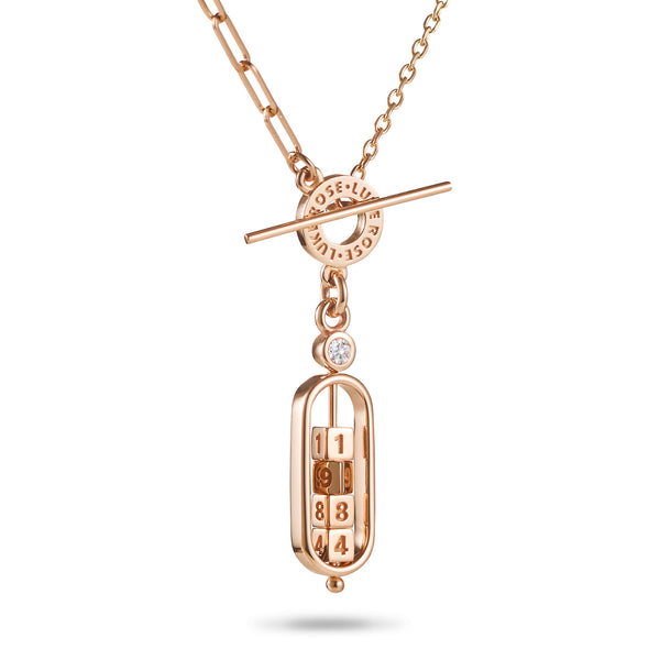 The Asymmetrical 4 Cube Diamond Date Abacus T Bar Necklace in Rose Gold