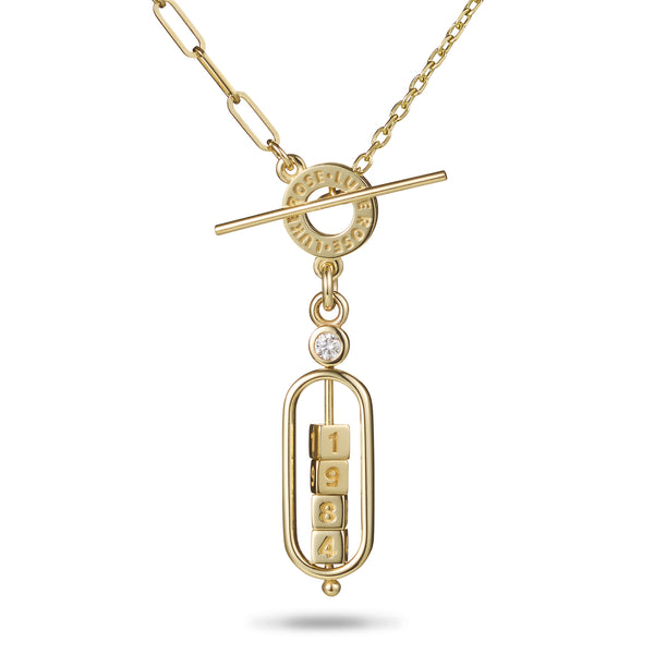 The Asymmetrical 4 Cube Diamond Date Abacus T Bar Necklace in Yellow Gold