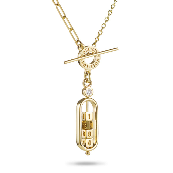 The Asymmetrical 4 Cube Diamond Date Abacus T Bar Necklace in Yellow Gold