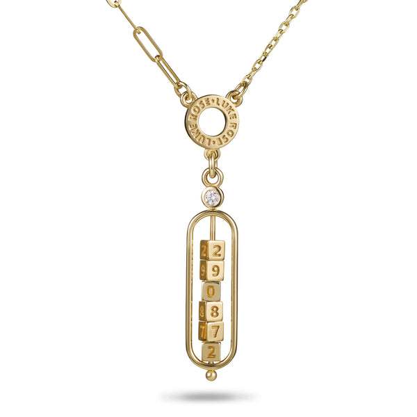 The Asymmetrical 6 Cube Diamond Date Abacus Necklace in Yellow Gold