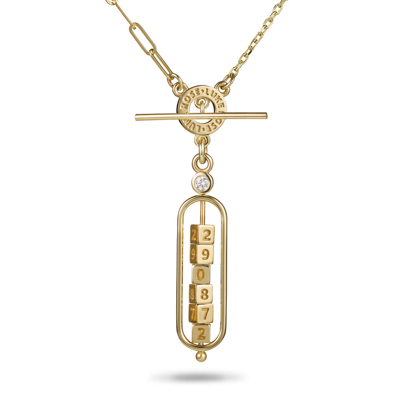 The Asymmetrical 6 Cube Diamond Date Abacus Imitation T Bar Necklace in Yellow Gold