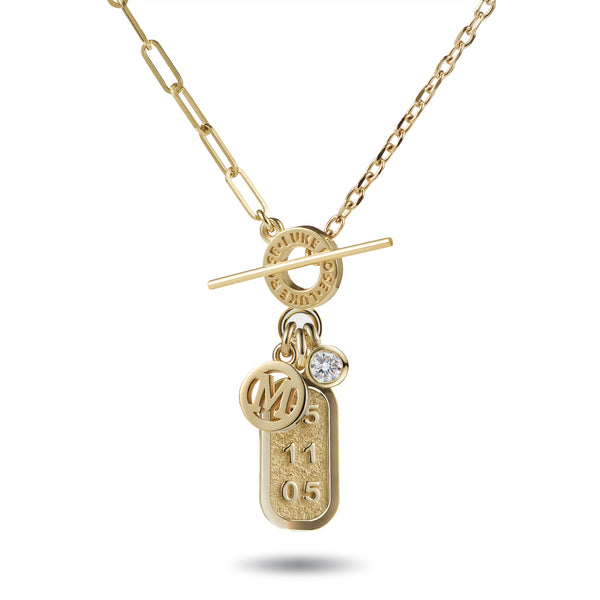 Big Diamond Drop Date Bar and Initial Disc Asymmetric T Bar Necklace in Yellow Gold