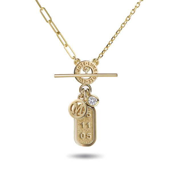 Big Diamond Drop Date Bar and Initial Disc Asymmetric Imitation T Bar Necklace in Yellow Gold