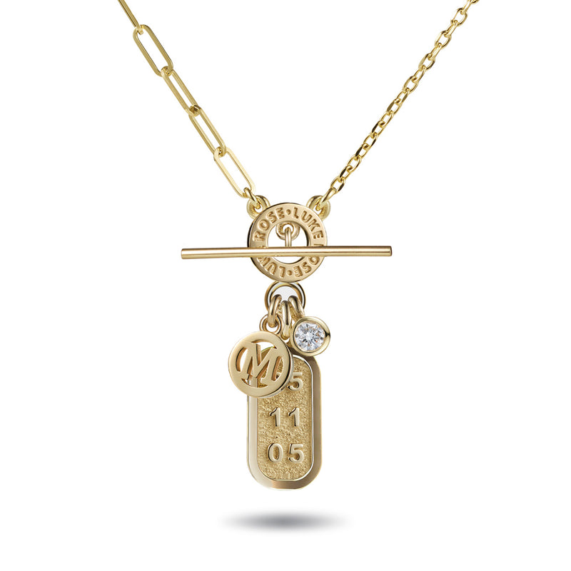 Big Diamond Drop Date Bar and Initial Disc Asymmetric Imitation T Bar Necklace in Yellow Gold