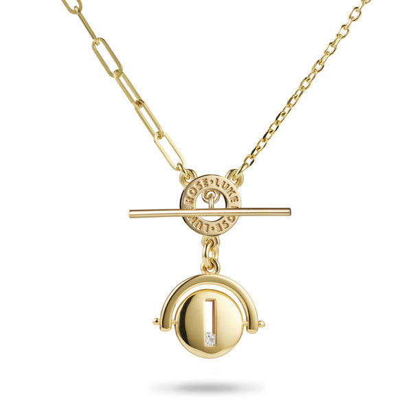Asymmetric Large Round Sliding Diamond Spinner Imitation T Bar Necklace in Yellow Gold