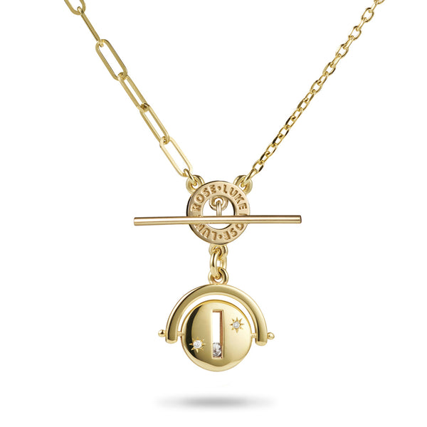 Asymmetric Large Round Sliding Diamond Spinner Imitation T Bar Necklace in Yellow Gold