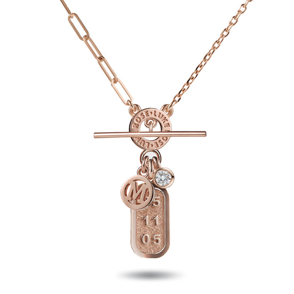 Big Diamond Drop Double Sided Date Bar and Initial Disc Asymmetric Imitation T Bar Necklace in Rose Gold