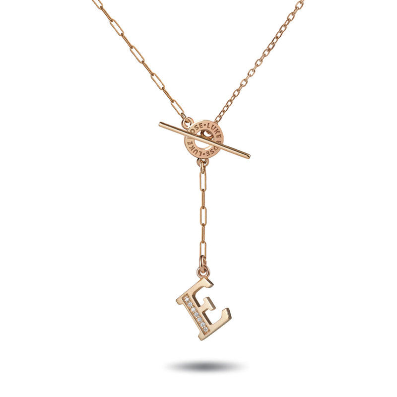 Asymmetrical Diamond Initial Drop T Bar Necklace in Rose Gold