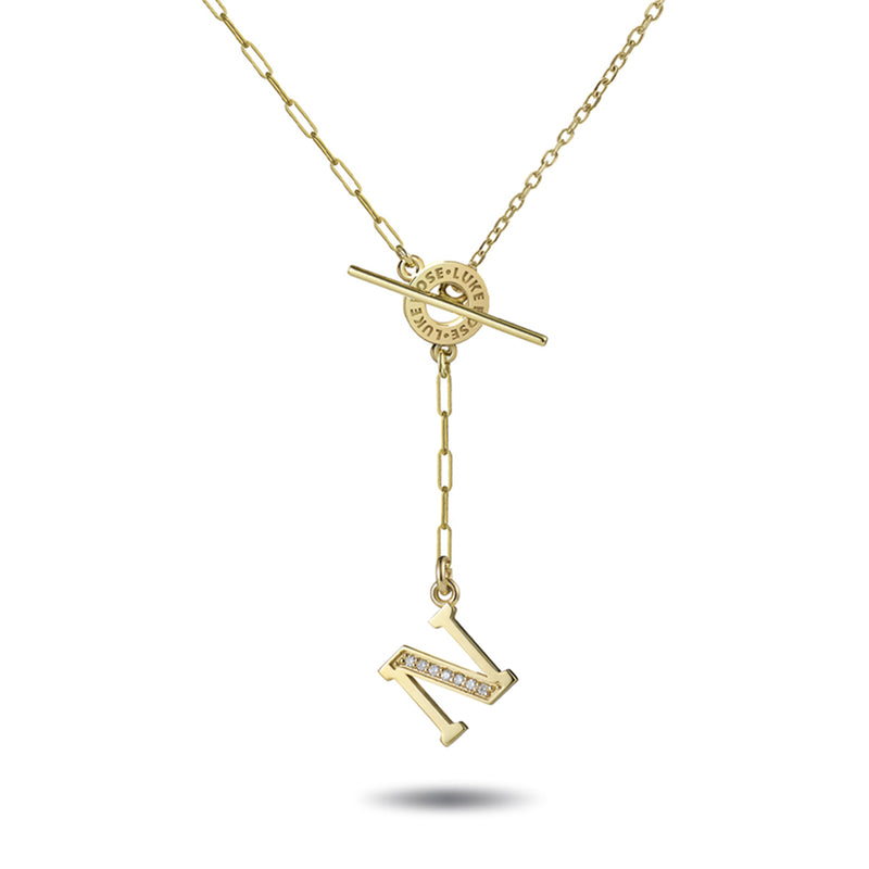 Asymmetrical Diamond Initial Drop T Bar Necklace in Yellow Gold