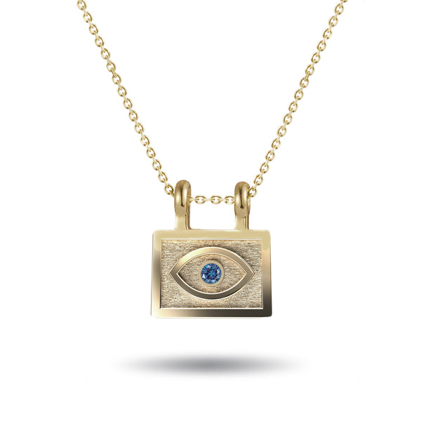 "RTS" Baby Blue Diamond Evil Eye Necklace in Yellow Gold