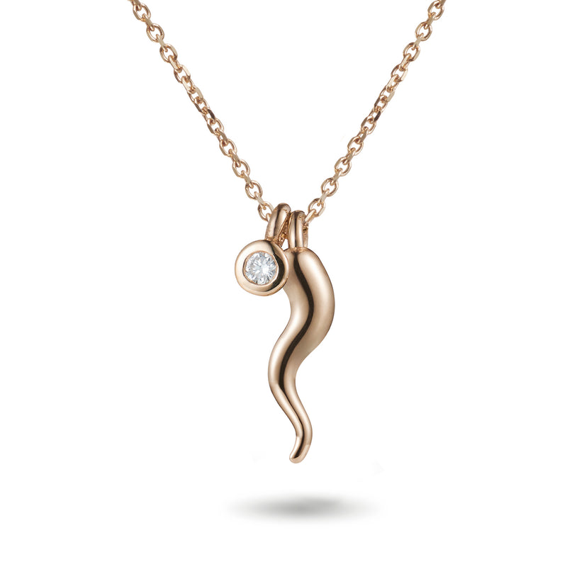 Baby Diamond Drop Italian Horn Necklace in Rose Gold