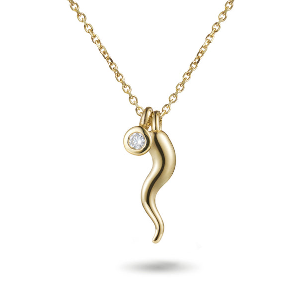 Baby Diamond Drop Italian Horn Necklace in Yellow Gold