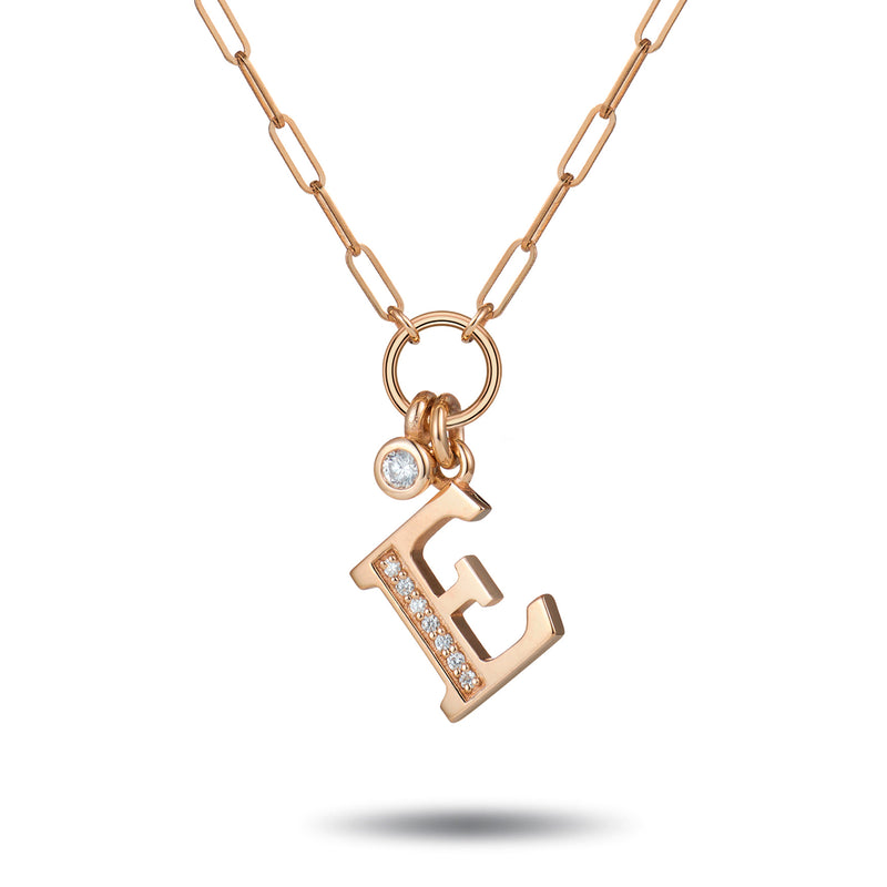 Baby Drop Double Diamond Initial Paperclip Necklace in Rose Gold