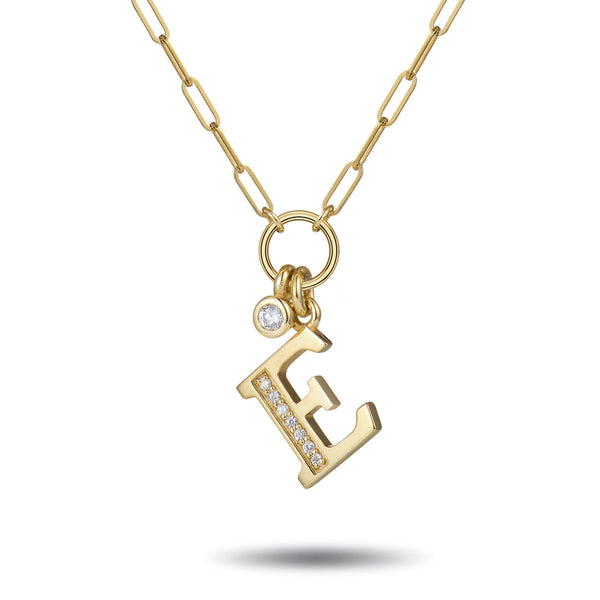 Baby Drop Double Diamond Initial Paperclip Necklace in Yellow Gold