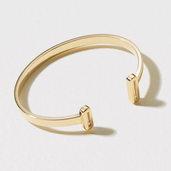 Sliding Diamond Open Cuff Bangle in Solid Yellow Gold (Small)