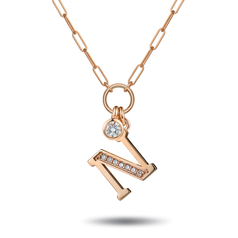Big Drop Double Diamond Initial Paperclip Necklace in Rose Gold