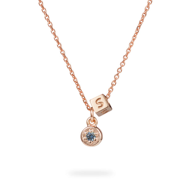 Birthstone Poppy Rock Initial Cube Necklace in Rose Gold