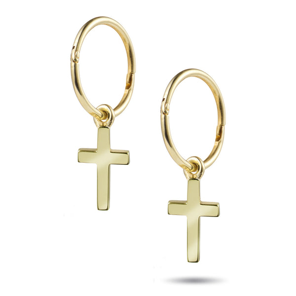 Crucifix Drop Sleeper Earrings in Yellow Gold