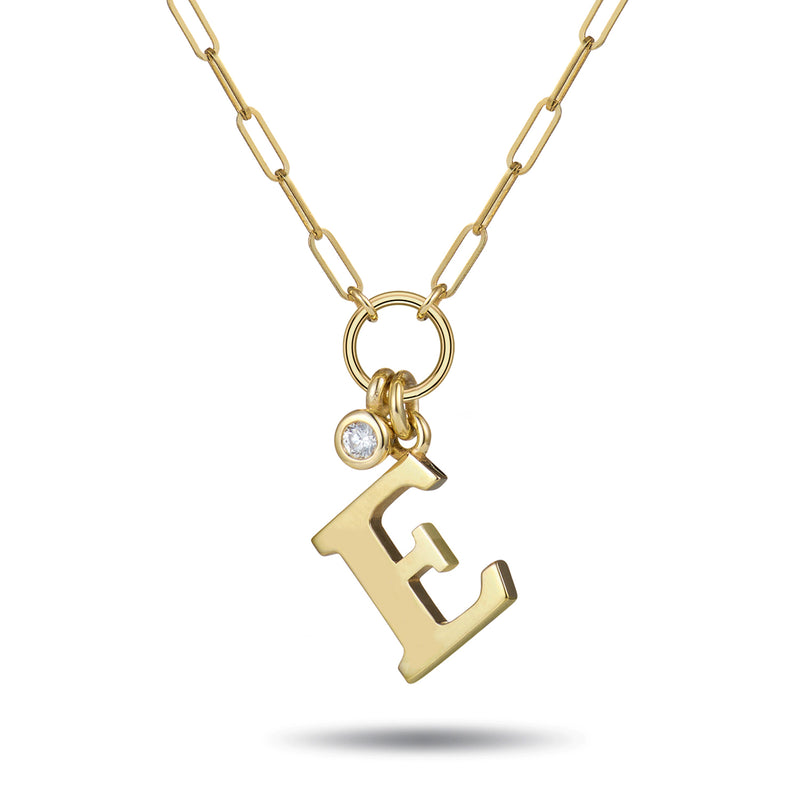 Baby Diamond Drop Initial Paperclip Necklace in Yellow Gold