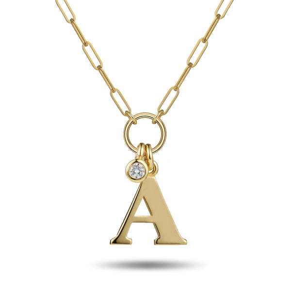 Baby Diamond Drop Initial Paperclip Necklace in Yellow Gold