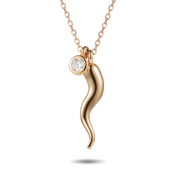 Diamond Drop Italian Horn Necklace in Rose Gold