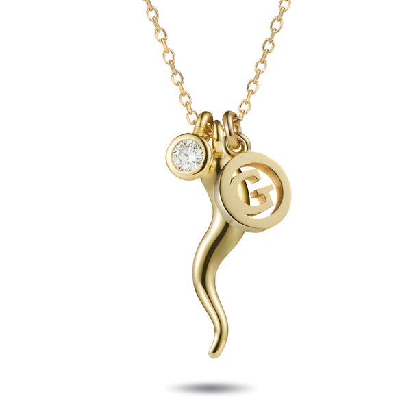 Diamond Drop Italian Horn Necklace with Initial Disc in Yellow Gold
