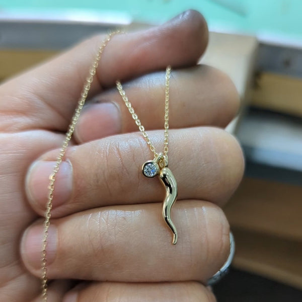 Diamond Drop Italian Horn Necklace in Yellow Gold